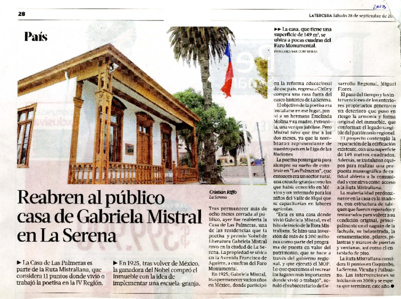 Reabren al público casa de Gabriela Mistral en La Serena  [artículo] Cristián Riffo