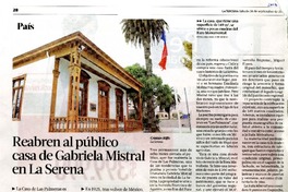 Reabren al público casa de Gabriela Mistral en La Serena  [artículo] Cristián Riffo