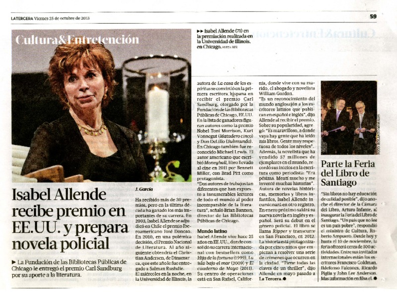 Isabel Allende recibe premio en EE.UU. y prepara novela policial  [artículo] J. Garcia