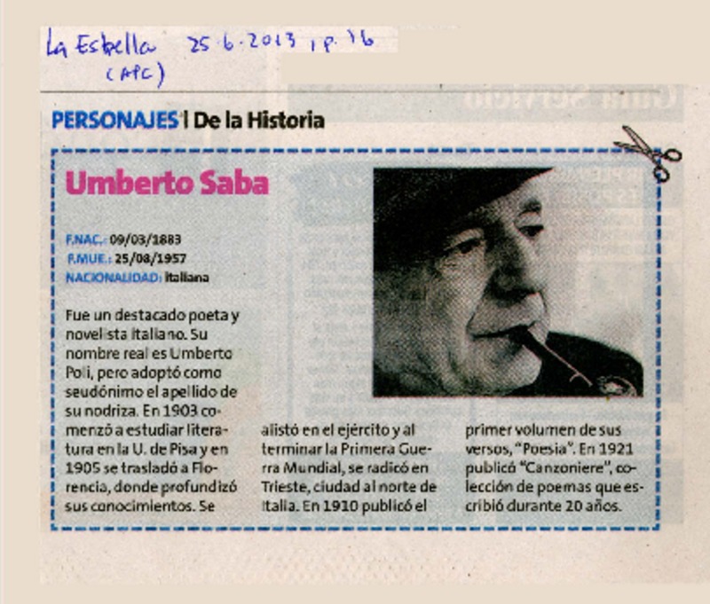Personajes de la historia : Umberto Saba. [artículo]