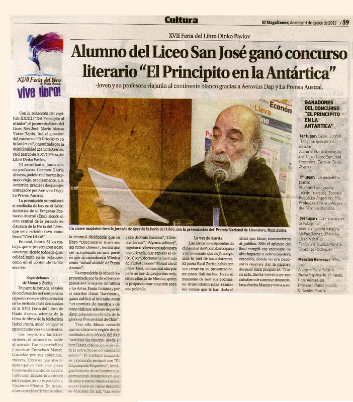 Alumno del Liceo San José ganó concurso literario "El Principito en la Antartica"  [artículo]