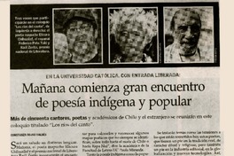 Mañana comienza gran encuentro de poesía indígena y popular  [artículo] Constanza Rojas Valdés
