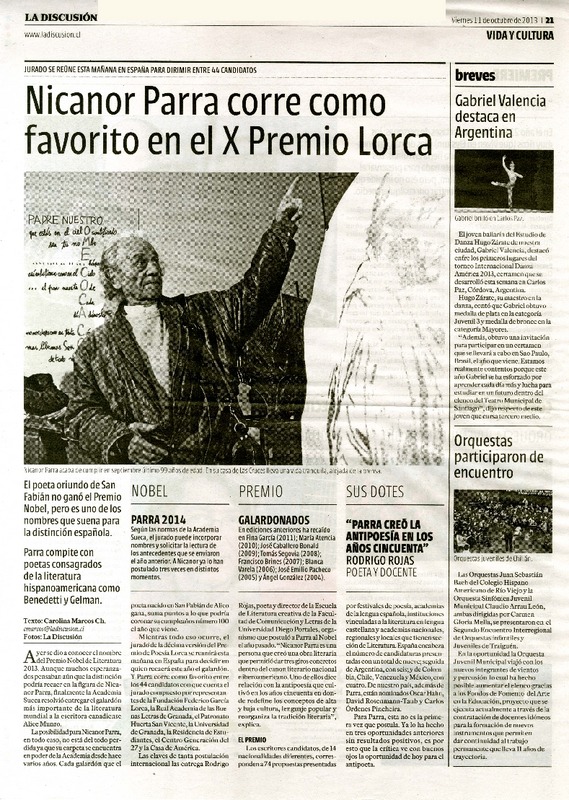 Nicanor Parra corre como favorito en el X Premio Lorca  [artículo] Carolina Marcos Ch.