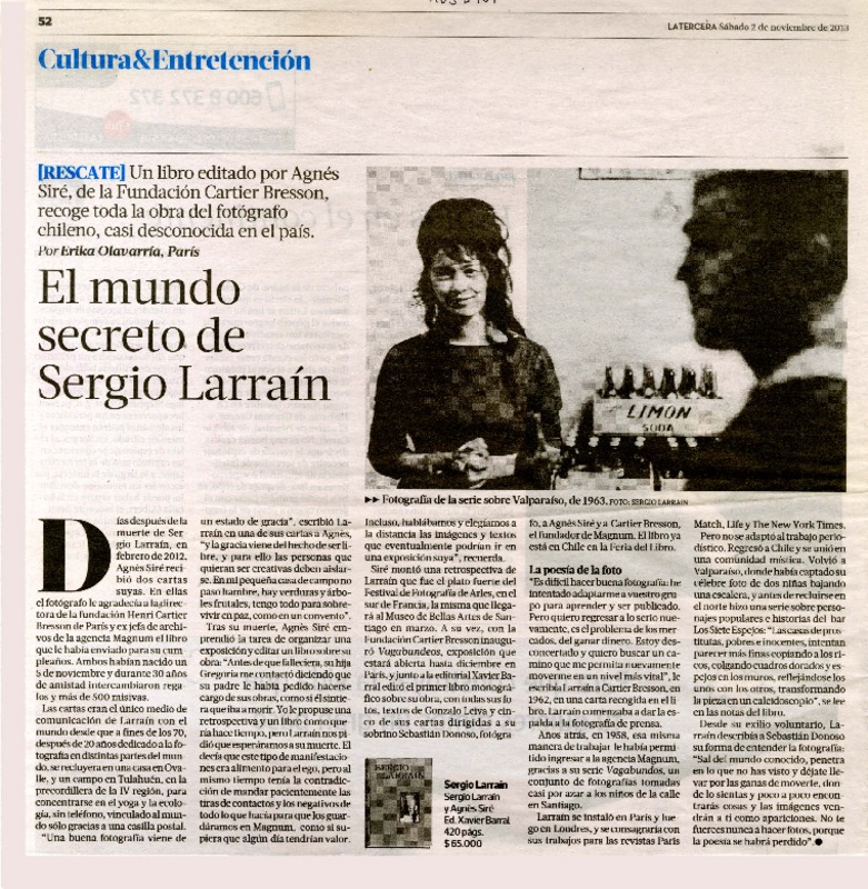 El mundo secreto de Sergio Larraín  [artículo] Erika Olavarría