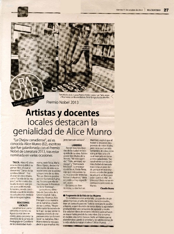 Artistas y docentes locales destacan la genialidad de Alice Munro  [artículo] Claudia Bravo