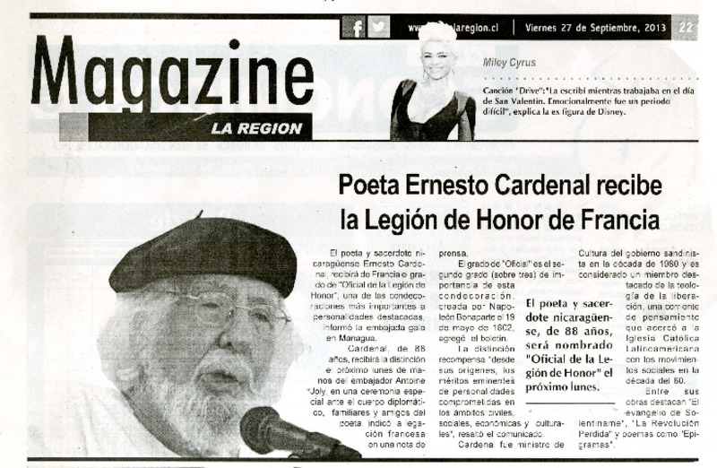 Poeta Ernesto Cardenal recibe la Legión de Honor de Francia  [artículo]