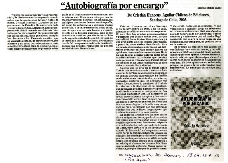 "Autobiografía por encargo"  [artículo] Marino Muñoz Lagos