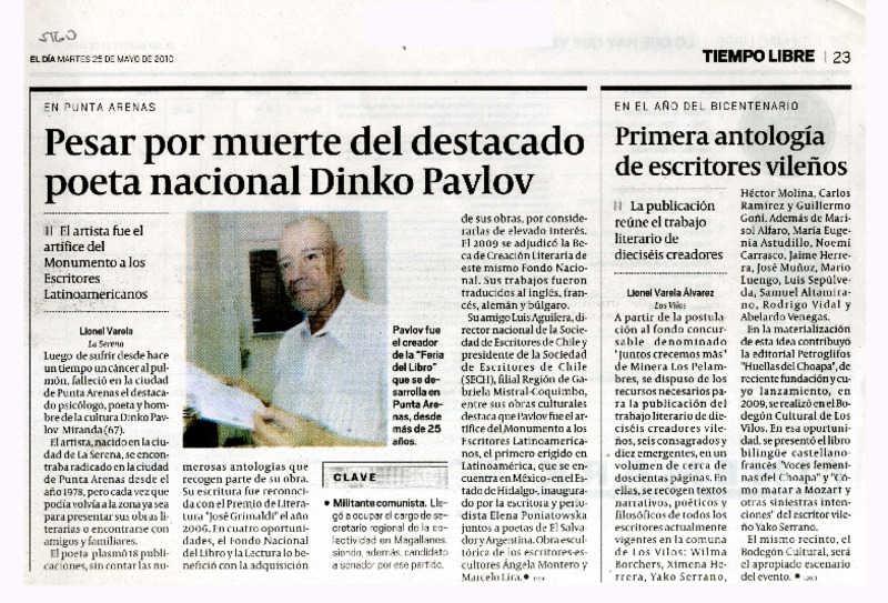 Pesar por muerte del destacado poeta nacional Dinko Pavlov  [artículo] Lionel Varela.