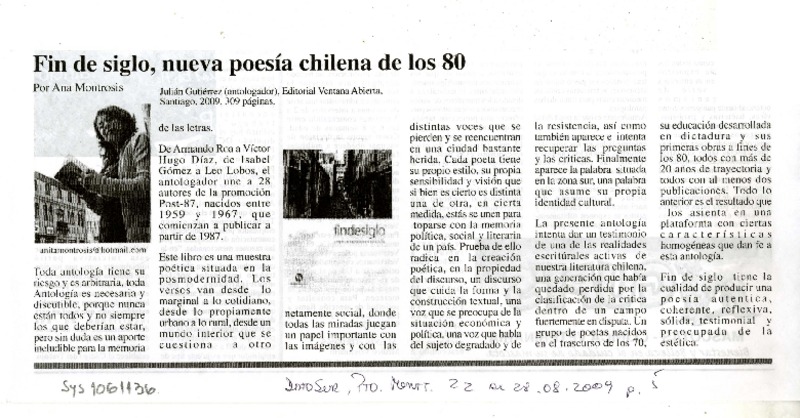 Fin de siglo, nueva poesía chilena de los 80  [artículo] Ana Montrois Guaje.
