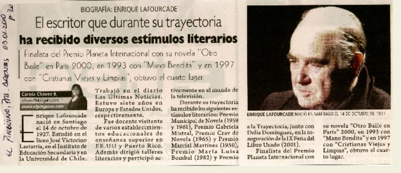 El escritor que durante su trayectoria ha recibido diversos estímulos literarios  [artículo] Carola Chávez B.