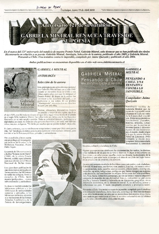 Aniversario 121 de su natalicio : Gabriela Mistral renace a través de su poesía. [artículo]
