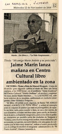Jaime Marín lanza mañana en centro cultural libro ambientado en la zona  [artículo] Eleazar Jaramillo A.