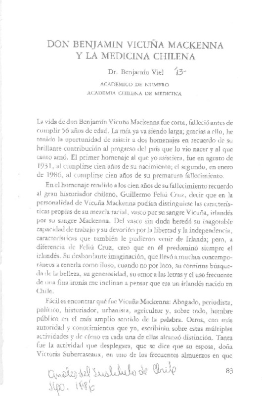 Don Benjamín Vicuña Mackenna y la medicina chilena  [artículo] Benjamín Viel.