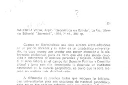 Valencia Vega, Alipio "Geopolítica en Bolivia"  [artículo] Hernán Santis Arenas.