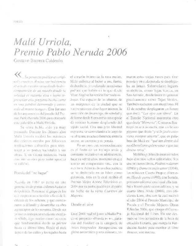 Malú Urriola, Premio Pablo Neruda 2006  [artículo] Gustavo Barrera Calderón.