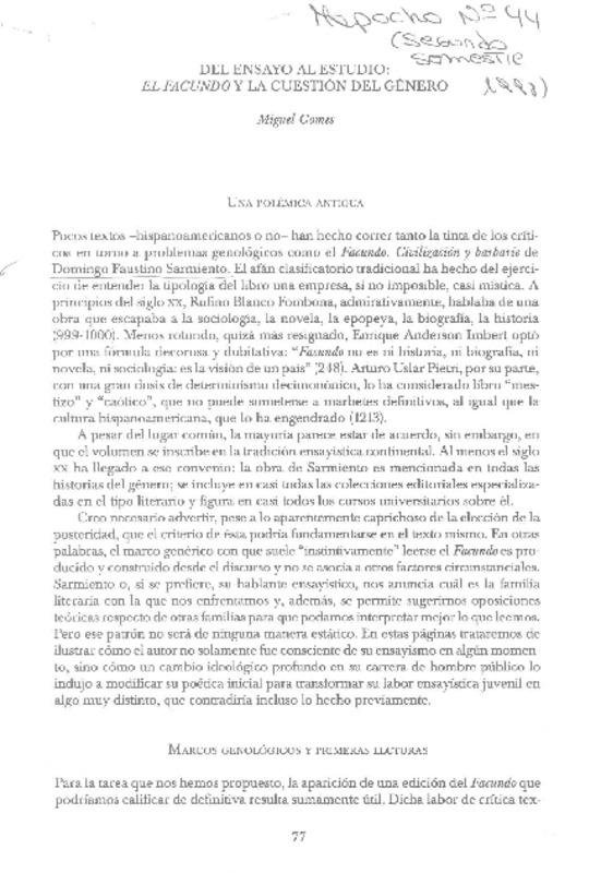 Del ensayo al estudio: El Facundo y la cuestión del género  [artículo] Miguel Gómes.