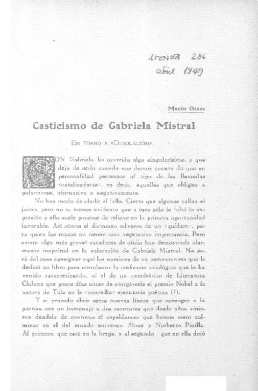 Casticismo de Gabriela Mistral  [artículo] Mario Osses.