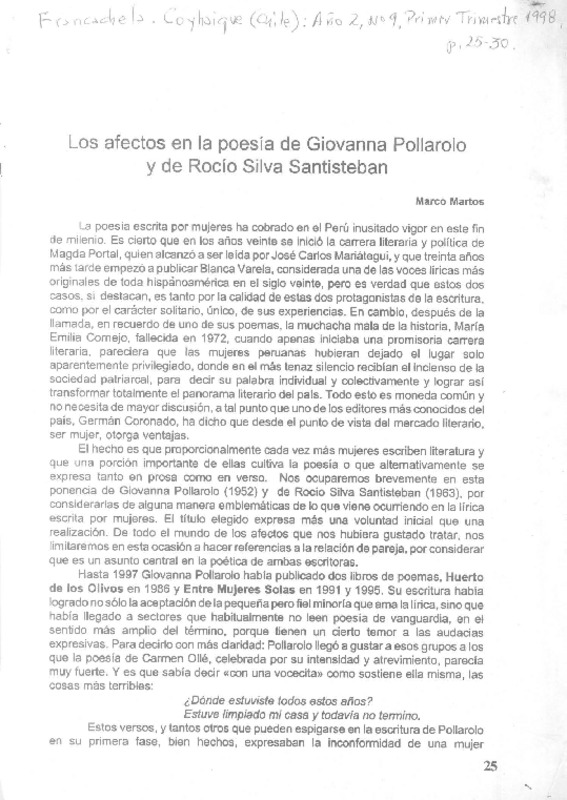 Los afectos en la poesía de Giovanna Pollarolo y de Rocío Silva Santisteban  [artículo] Marco Martos.