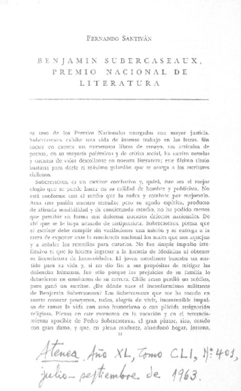 Benjamín Subercaseaux, Premio Nacional de Literatura  [artículo] Fernando Santiván.