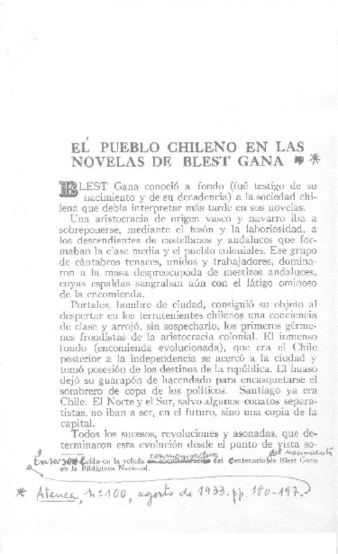 El Pueblo chileno en las novelas de Blest Gana  [artículo].