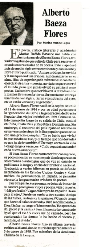Alberto Baeza Flores  [artículo] Marino Muñoz Lagos.