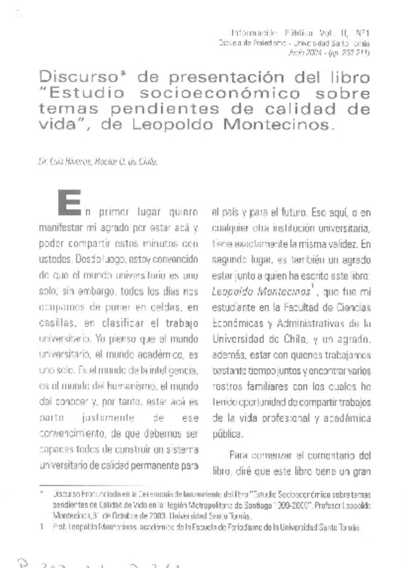 Discurso de presentación del libro "Estudio socioeconómico sobre temas pendientes de calidad de vida", de Leopoldo Montecinos  [artículo]Luis Riveros.