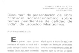 Discurso de presentación del libro "Estudio socioeconómico sobre temas pendientes de calidad de vida", de Leopoldo Montecinos  [artículo]Luis Riveros.
