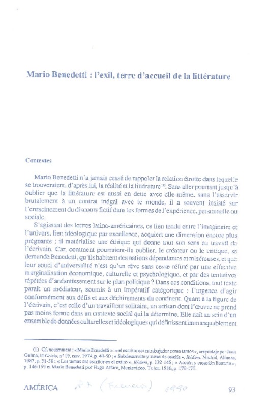 Mario Benedetti: l'exil, terre d'accueil de la litterature  [artículo] Teresa Orecchia Havas.