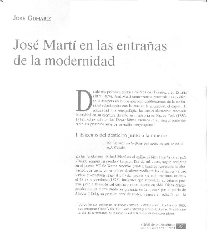 José Martí en las entrañas de la modernidad  [artículo] José Gomáriz.