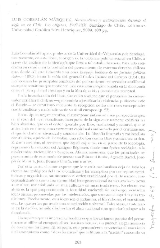 Nacionalismo y autoritarismo durante el siglo 20 en Chile  [artículo] Fabián Gaspar Bustamante Olguín.