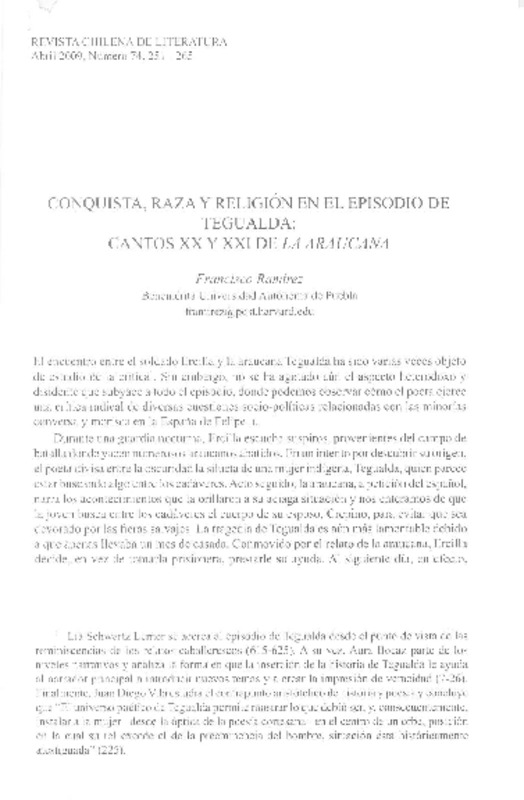 Conquista, raza y religión en el episodio de Tegualda  [artículo] Francisco Ramírez.