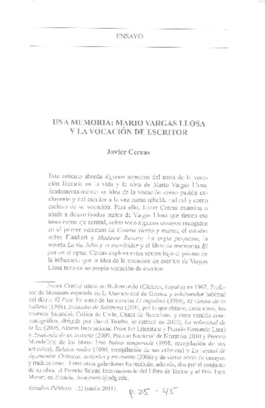 Mario Vargas Llosa y la vocación de escritor  [artículo] Javier Cercas.
