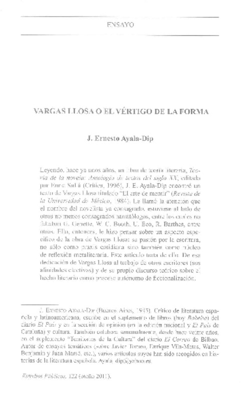 Vargas Llosa o el vértigo de la forma  [artículo] J. Ernesto Ayala-Dip.