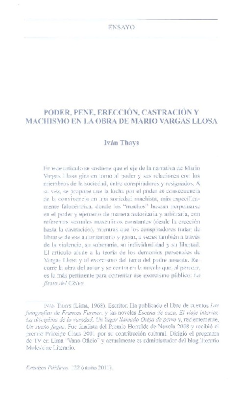 Poder, pene, erección, castración y machismo en la obra de Mario Vargas Llosa  [artículo] Iván Thays.