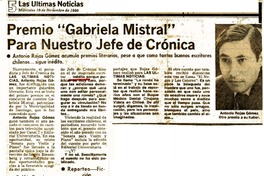 Premio "Gabriela Mistral" para nuestro jefe de crónica : [entrevista] [artículo]
