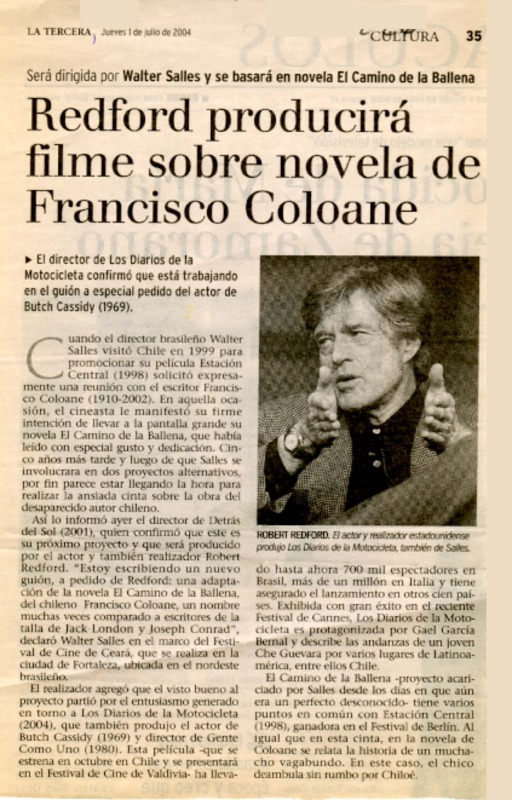 Redford producirá filme sobre novela de Francisco Coloane.  [artículo]