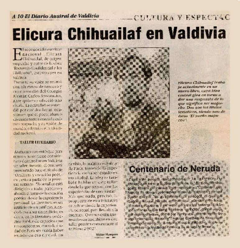 Elicura Chihuailaf en Valdivia  [artículo] Víctor Huaquín.