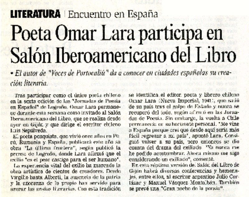 Omar Lara participa en Salón Iberoamericano del Libro.  [artículo]