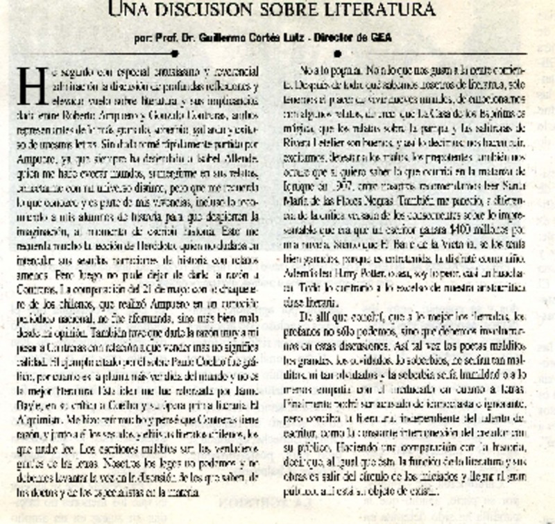 Una discusión sobre literatura  [artículo] Guillermo Cortés Lutz.