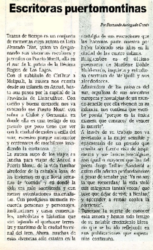 Escritoras puertomontinas  [artículo] Fernando Arriagada Cortés.