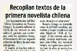 Recopilan textos de la primera novelista chilena.  [artículo]
