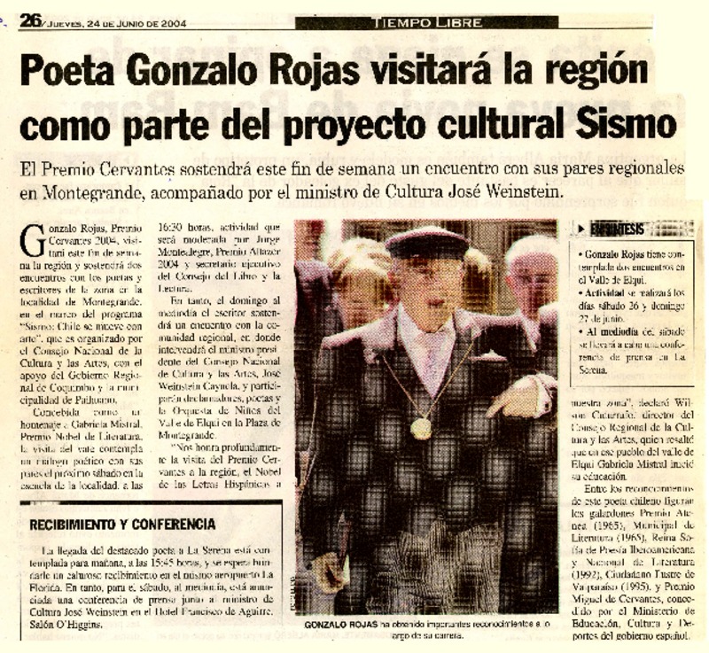Poeta Gonzalo Rojas visitará la región como parte del proyecto cultural Sismo.  [artículo]