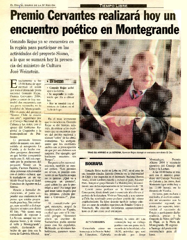 Premio Cervantes realizará hoy un encuentro poético en Montegrande.  [artículo]