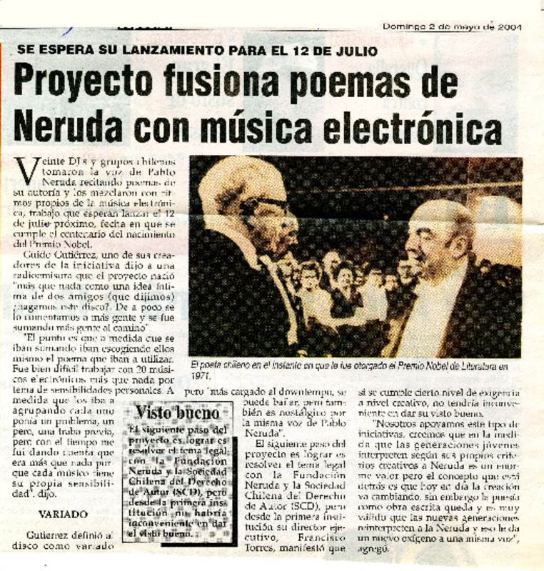 Proyecto fusiona poemas de Neruda con música electrónica.  [artículo]