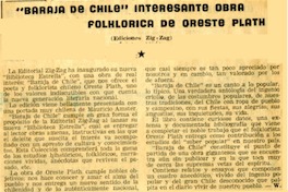 Baraja de Chile" interesante obra folklórica de Oreste Plath  [artículo] W.