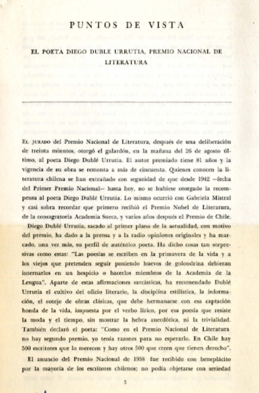 El Poeta Diego Dublé Urrutia, Premio Nacional de Literatura.  [artículo]