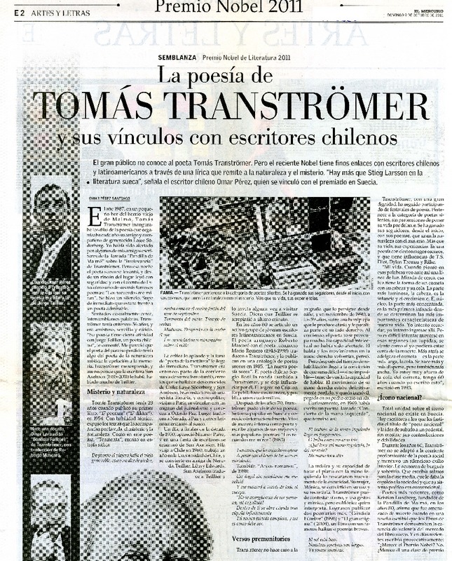 La poesía de Tomas Tranströmer y sus vínculos con escritores chilenos  [artículo] Omar Pérez Santiago.