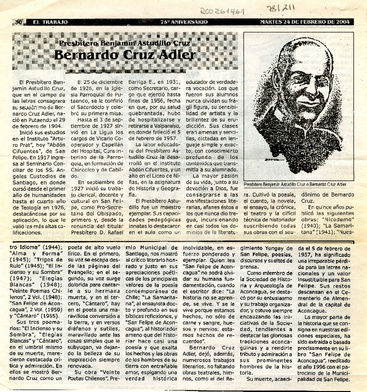 Presbítero Benjamín Astudillo Cruz, Bernardo Cruz Adler.  [artículo]