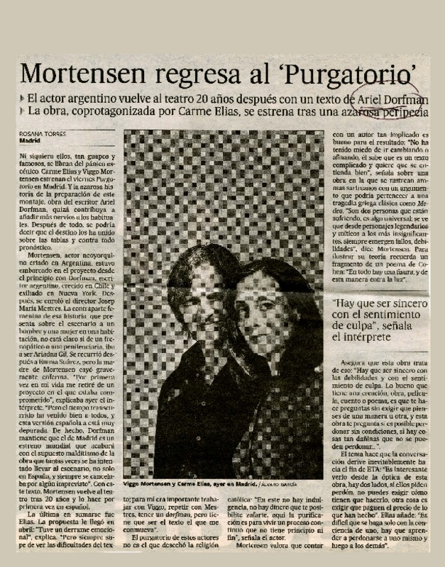 Mortensen regresa al "Purgatorio"  [artículo] Rosana Torres.