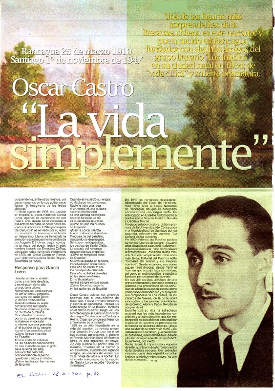 Oscar Castro "La vida simplemente"  [artículo] F. Q.